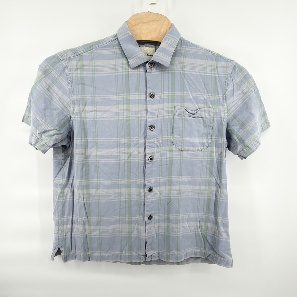 Tommy Bahama Mens XL Shirt 100% Silk Plaid Blue‎ Gray Short Sleeve Button Camp